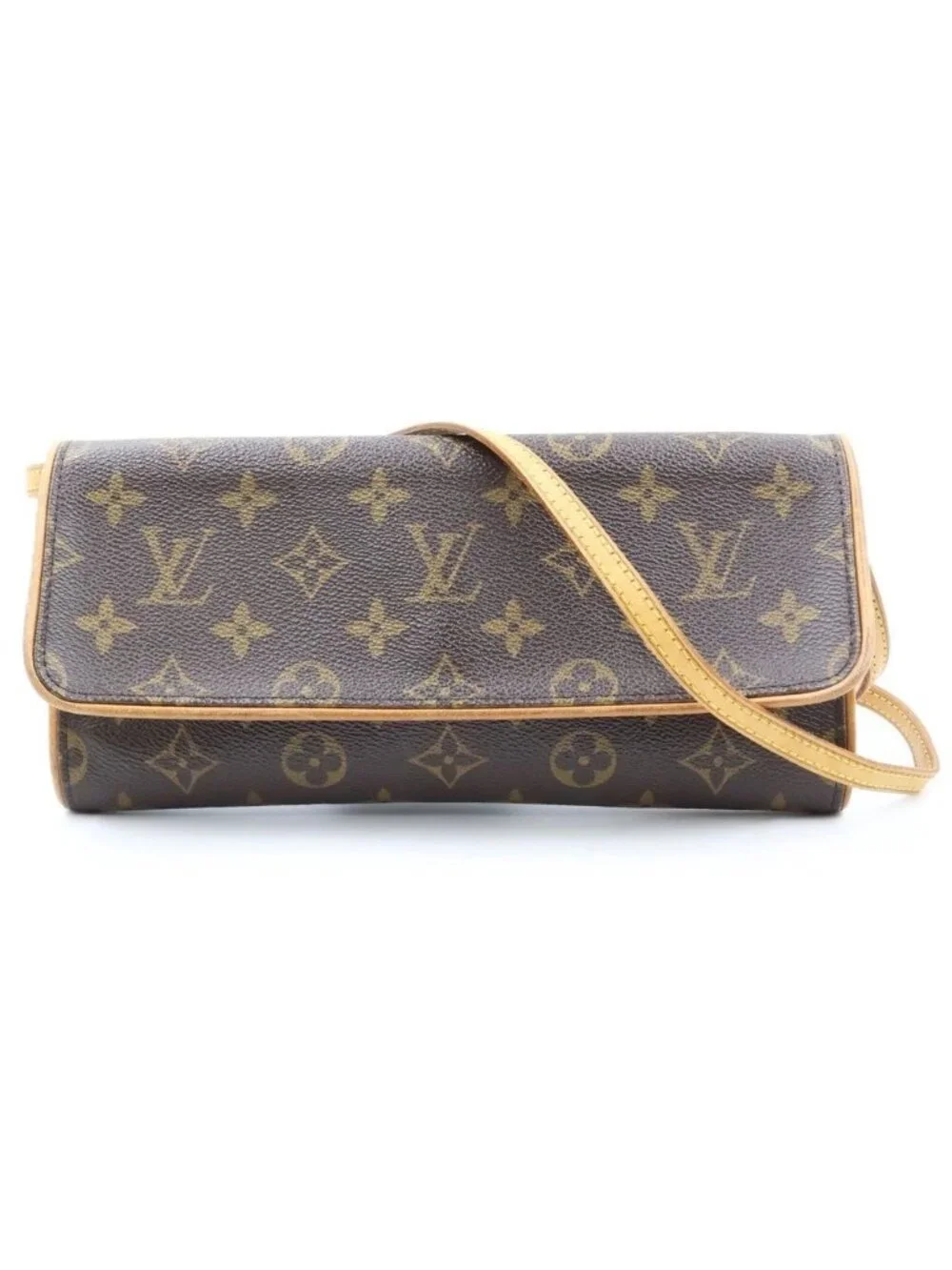 Louis Vuitton Monogram Pochette Twin GM Shoulder Bag Brown Leather Gold
